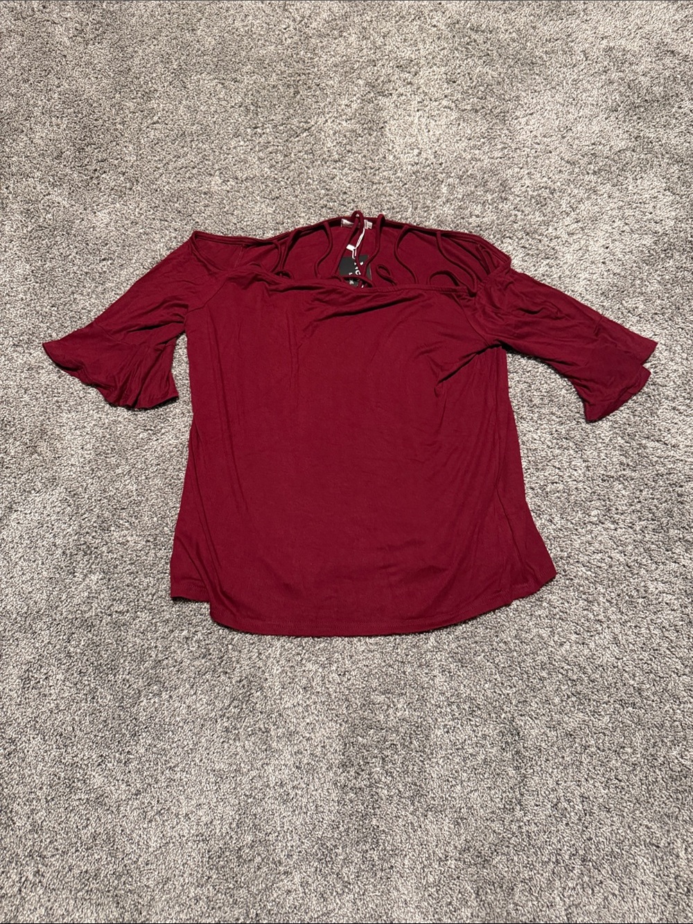 Burgundy Cold-Shoulder Blouse with Tie-Back Detail